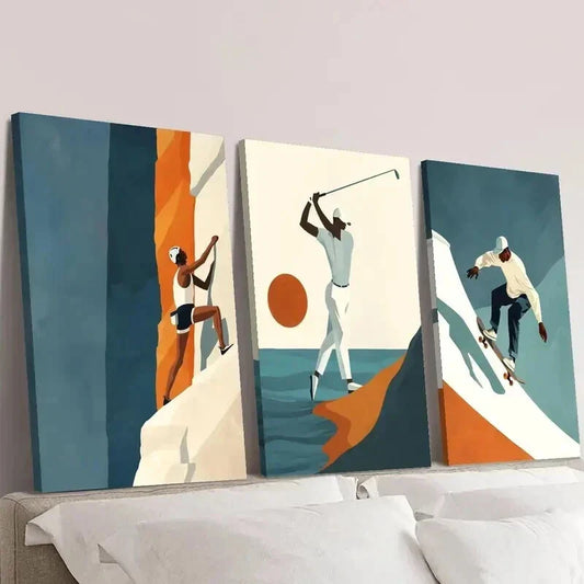 3pcs Climbing Golf Skateboarding Illustrations Wall Art Set Canvas Framed 40x60cm - High Quality Print 100% Australian Made Wall Canvas Ready to Hang