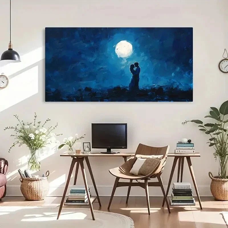 Moon And Couple Night Romantic Wall Art Canvas Office Home Room Framed 120x60cm