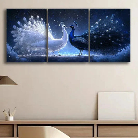 3pcs White And Blue Peacock Birds Metal Print Ready to Hang Art