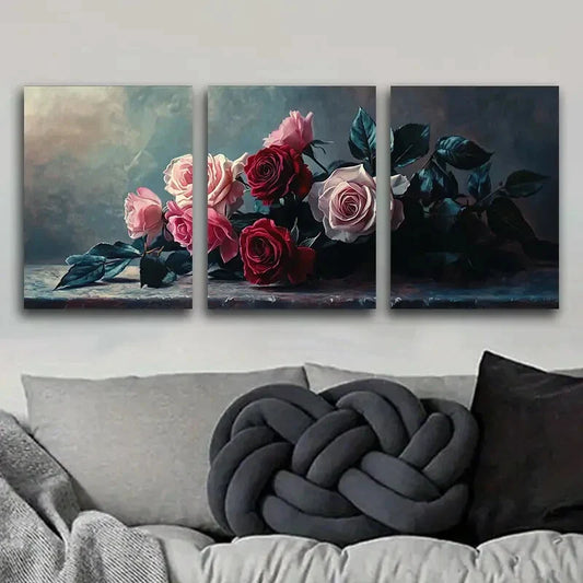 3pcs Oil painting pink and white rose Metal Print Ready to Hang Art