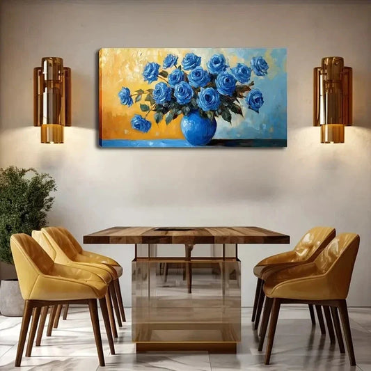 Vibrant Blue Roses In Vase Wall Art Canvas Office Home Room Framed 120x60cm