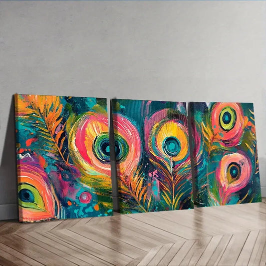 3pcs Peacock Feather Design Colorful Bright Wall Art Set Canvas Framed 40x60cm - High Quality Print 100% Australian Made Wall Canvas Ready to Hang