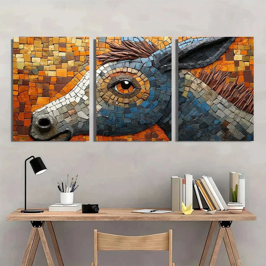 3pcs Donkey Theme Mosaic Golden Eyes Metal Print Ready to Hang Art