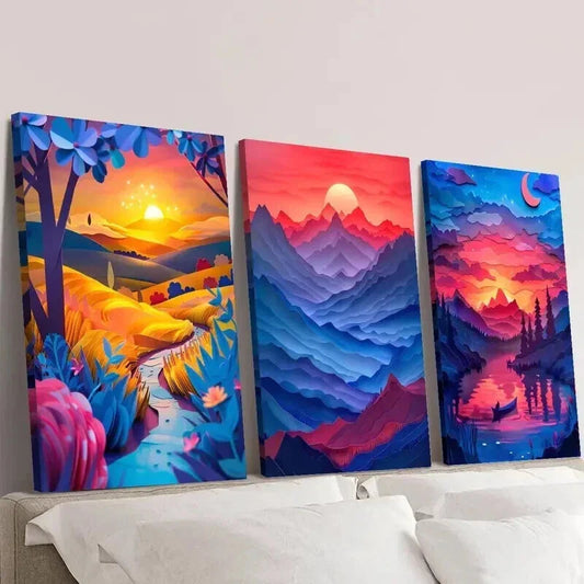 3pcs Rich Valley & Mountain Landscape at Sunset Wall Art Set Canvas Framed 40x60cm - High Quality Print 100% Australian Made Wall Canvas Ready to Hang