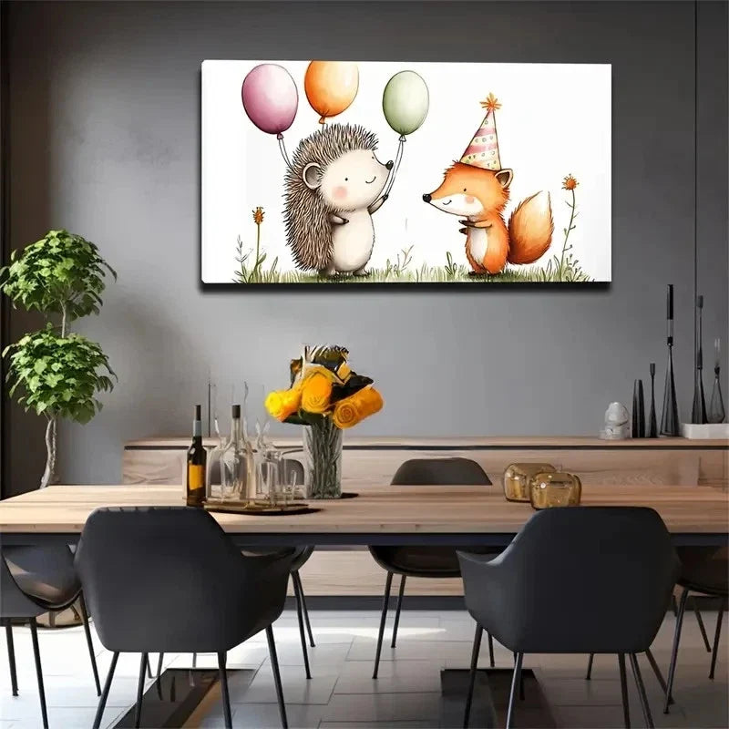 Whimsical Hedgehog & Fox Wall Art Canvas Office Home Room Framed 80x45cm