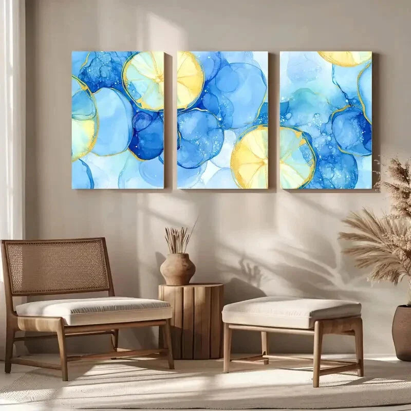 3pcs Light Blue Liquid Ink Modern Abstract Metal Print Ready to Hang Art
