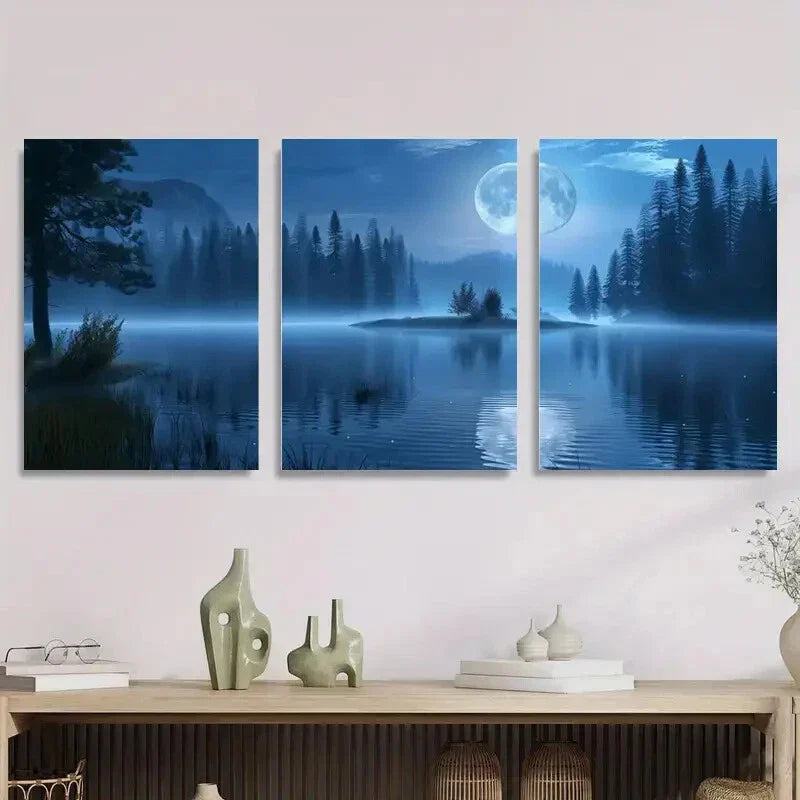 3pcs Serene Blue Water & Full Moon Landscape Metal Print Ready to Hang Art