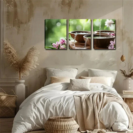 3pcs Serene Water Flow Landscape with Floral Wall Art Set Canvas Framed 40x60cm - High Quality Print 100% Australian Made Wall Canvas Ready to Hang