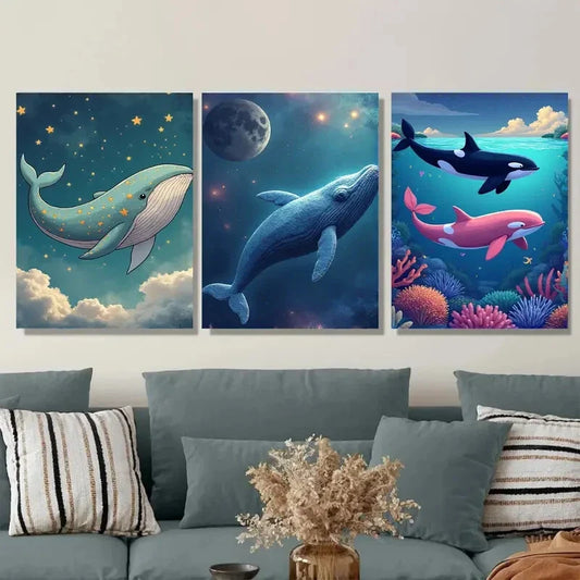 3pcs Whales and Dolphins Under The Moonlit Sky Wall Art Set Canvas Framed 40x60cm - High Quality Print 100% Australian Made Wall Canvas Ready to Hang
