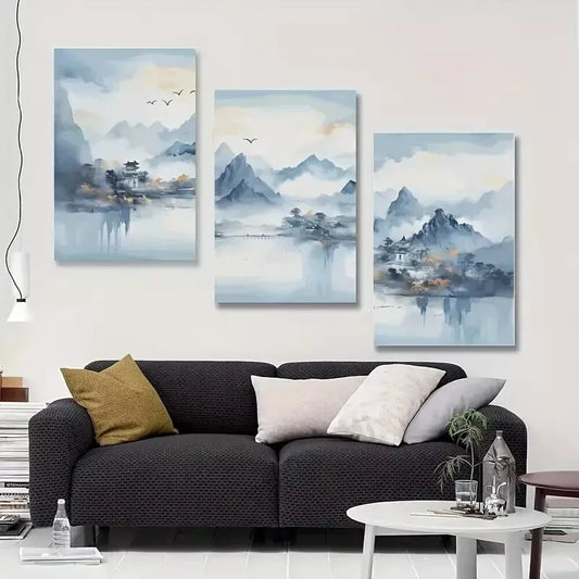 3pcs Modern Blue Abstract Mountain Murals Wall Art Set Canvas Framed 40x60cm - High Quality Print 100% Australian Made Wall Canvas Ready to Hang