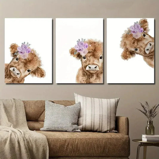 3pcs Peeping Highland Cattle Style Purple Floral Metal Print Ready to Hang Art