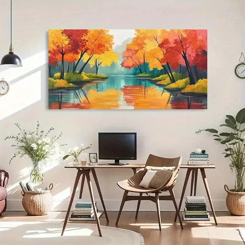Autumn Reflection Vibrant River Wall Art Canvas Office Home Room Framed 120x60cm