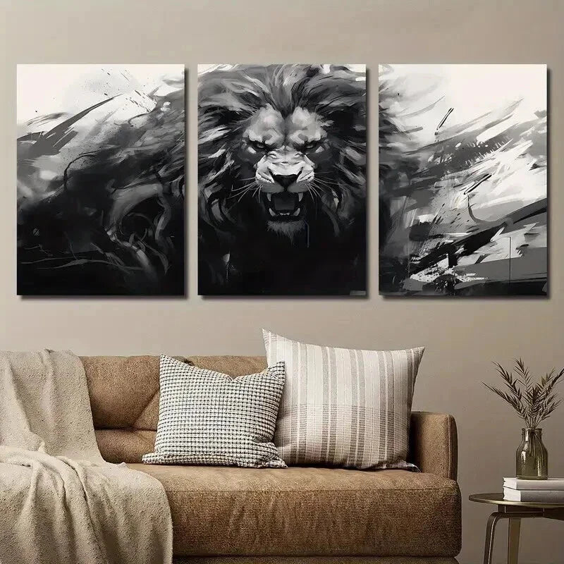 3pcs Black and White Monochrome Animal Lion Wall Art Set Canvas Framed 40x60cm - High Quality Print 100% Australian Made Wall Canvas Ready to Hang