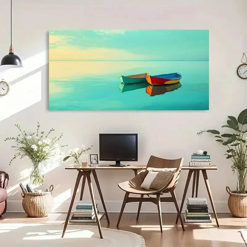 Serene Boat Reflection Minimal Wall Art Canvas Office Home Room Framed 120x60cm