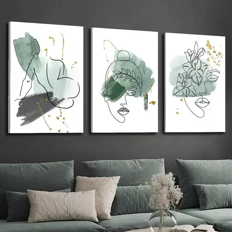 3pcs Abstract Green Sage Line Face Shape Wall Art Set Canvas Framed 40x60cm - High Quality Print 100% Australian Made Wall Canvas Ready to Hang