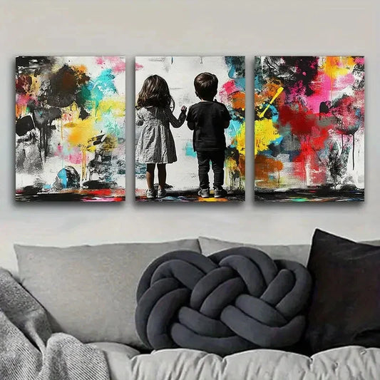 3pcs The two children drew back the curtains Metal Print Ready to Hang Art