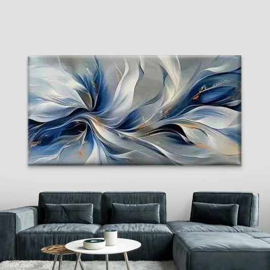 Abstract Blue & White Floral Wall Art Canvas Office Home Room Framed 80x45cm