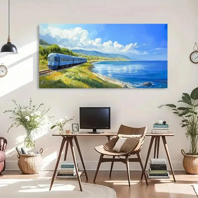 Serene Train Journey Scenery Wall Art Canvas Office Home Room Framed 120x60cm