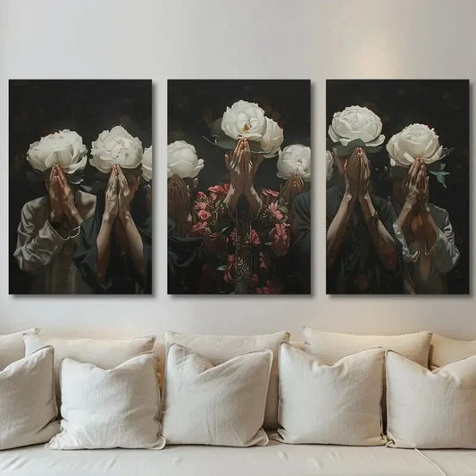 3pcs Praying Figures White Roses Elegant Metal Print Ready to Hang Art