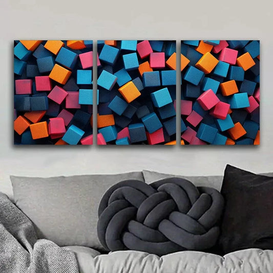 3pcs Colorful Cubes - Art Deco, Modern, Wall Art Set Canvas Framed 40x60cm - High Quality Print 100% Australian Made Wall Canvas Ready to Hang
