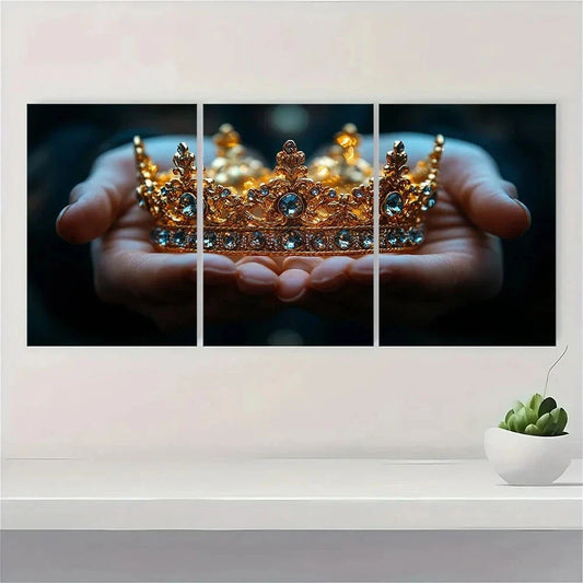 3pcs Elegant Hand Holding Golden Crown Metal Print Ready to Hang Art