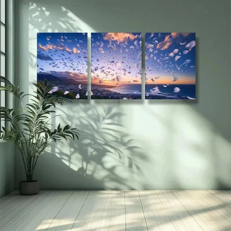 3pcs Sunset in Cape Town & White Feathers Wall Art Set Canvas Framed 40x60cm - High Quality Print 100% Australian Made Wall Canvas Ready to Hang