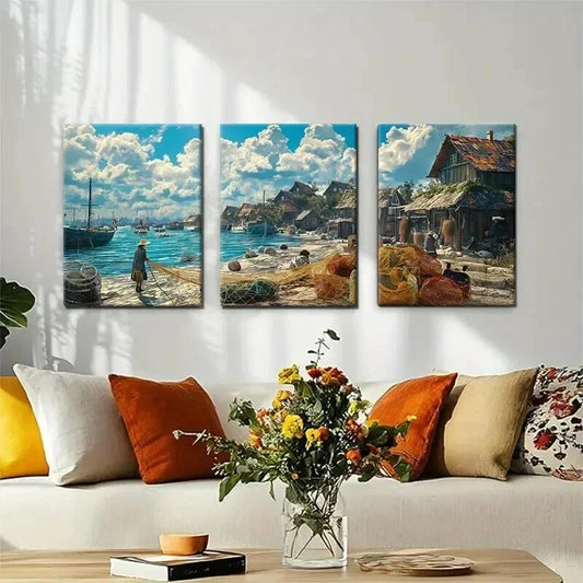 3pcs Serene Fisherman's Shoreline Scene Boats Wall Art Set Canvas Framed 40x60cm - High Quality Print 100% Australian Made Wall Canvas Ready to Hang