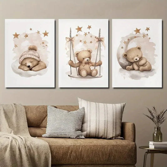 3pcs Neutral Bear Cute Animal Moon and Star Metal Print Ready to Hang Art