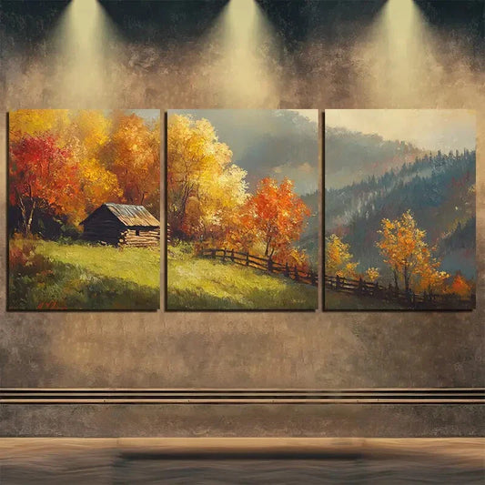 3pcs Autumn Wooden House Nature Colorful Perfect Wall Art Set Canvas Framed 40x60cm - High Quality Print 100% Australian Made Wall Canvas Ready to Hang