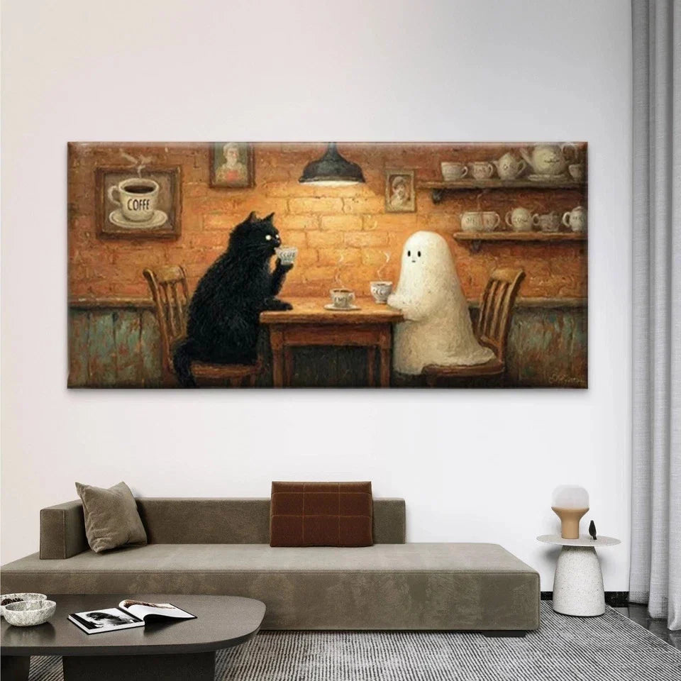 Black Cat & Cute Ghost Wall Art Canvas Office Home Room Framed 80x45cm