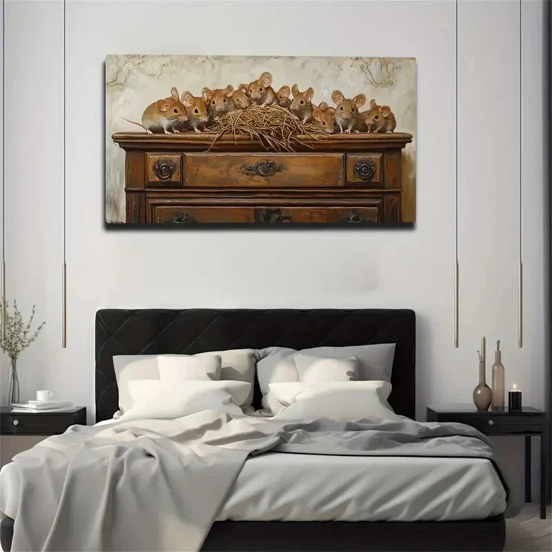 Charming Mouse And Vintage Wall Art Canvas Office Home Room Framed 120x60cm
