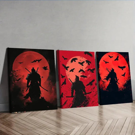 3pcs Japanese Samurai Silhouette Red Waterproof Wall Art Set Canvas Framed 40x60cm - High Quality Print 100% Australian Made Wall Canvas Ready to Hang