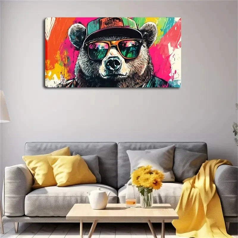 Stylish Bear In Hat & Glasses Wall Art Canvas Office Home Room Framed 80x45cm