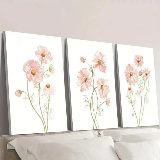 3pcs Painting of Soft Pink Wildflowers Wall Art Set Canvas Framed 40x60cm - High Quality Print 100% Australian Made Wall Canvas Ready to Hang