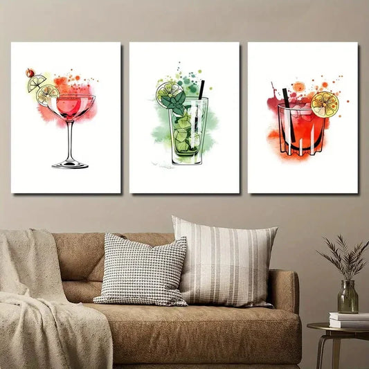 3pcs Mojito Cocktail Bar Watercolor Style Metal Print Ready to Hang Art