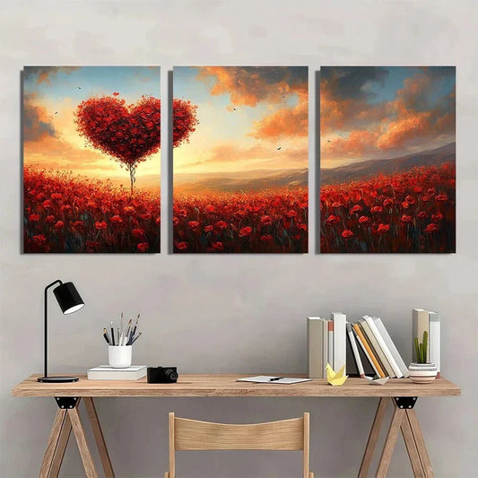 3pcs Heart & Flowers Heartfelt Romantic Spring Metal Print Ready to Hang Art