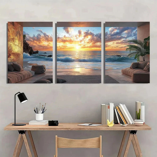 3pcs Ocean Waves & Rocky Cliffs Scene Metal Print Ready to Hang Art