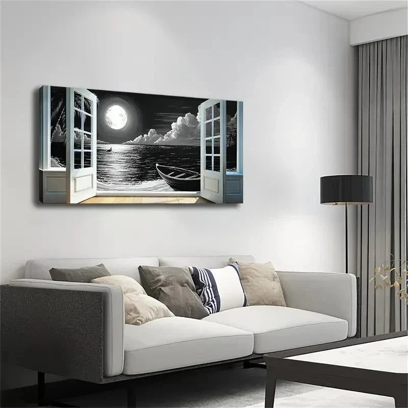 Seascape With Moonlit Ocean Wall Art Canvas Office Home Room Framed 120x60cm