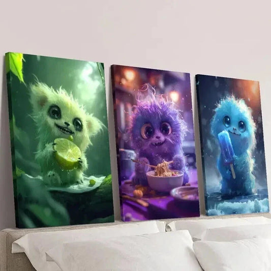 3pcs Monster Eating Noodles Ice Cream Lemon Wall Art Set Canvas Framed 40x60cm - High Quality Print 100% Australian Made Wall Canvas Ready to Hang