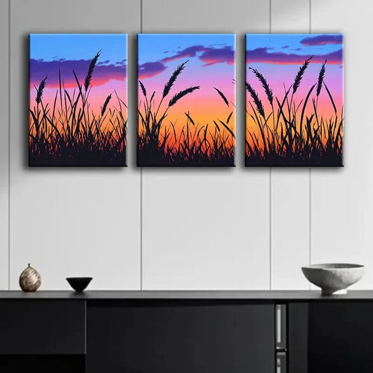 3pcs Serene Sunset Silhouette Vibrant Wheat Wall Art Set Canvas Framed 40x60cm - High Quality Print 100% Australian Made Wall Canvas Ready to Hang