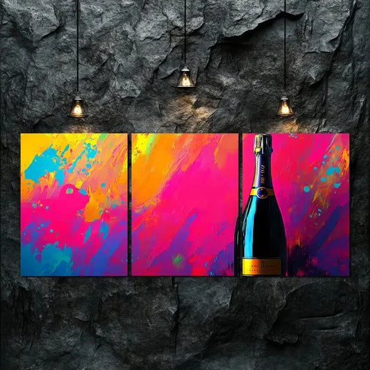 3pcs Colorful Triptych Champagne Bottle Perfect Wall Art Set Canvas Framed 40x60cm - High Quality Print 100% Australian Made Wall Canvas Ready to Hang