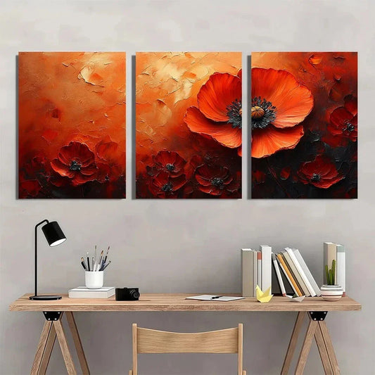 3pcs Vibrant Poppy Flower Modern Floral Metal Print Ready to Hang Art
