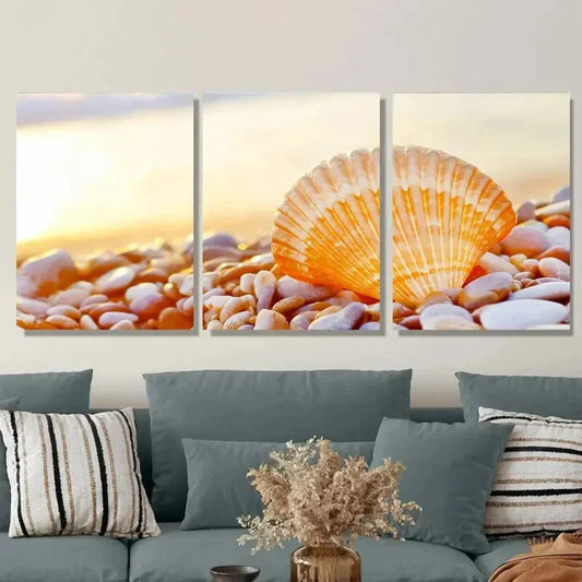 3pcs Seaside Sunset Shell Modern Coastal Oil Pain Metal Print Ready to Hang Art