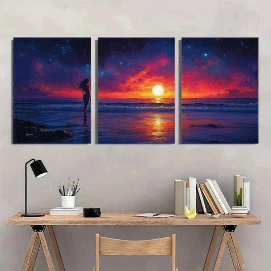 3pcs Romantic Moonlit Ocean Scene Beach Sunset Metal Print Ready to Hang Art
