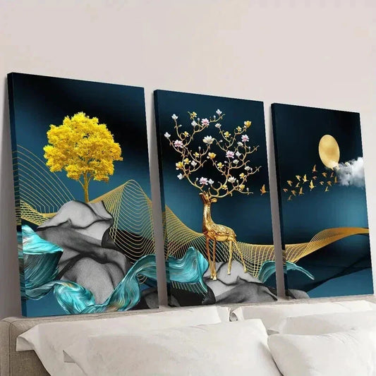 3pcs Elk & Flying Birds Full Moon Money Tree Wall Art Set Canvas Framed 40x60cm - High Quality Print 100% Australian Made Wall Canvas Ready to Hang