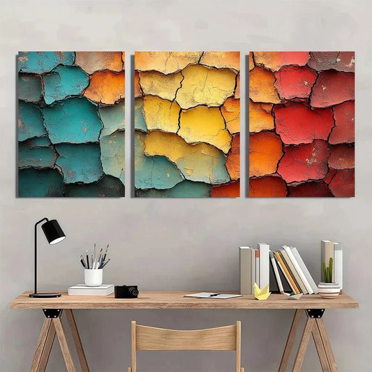 3pcs Abstract Cracked Vibrant Teal Yellow Red Metal Print Ready to Hang Art