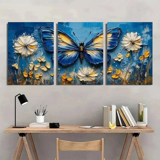 3pcs Blue Butterflies & Dandelion Flowers Wall Art Set Canvas Framed 40x60cm - High Quality Print 100% Australian Made Wall Canvas Ready to Hang