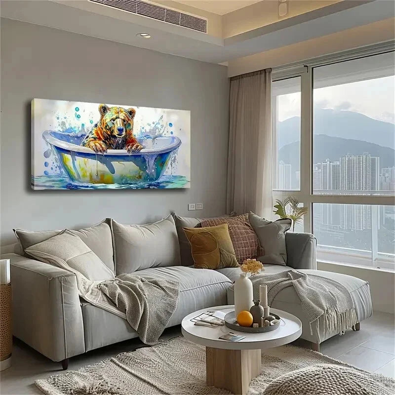 Bear in Bathtub Vibrant Colors Wall Art Canvas Office Home Room Framed 120x60cm