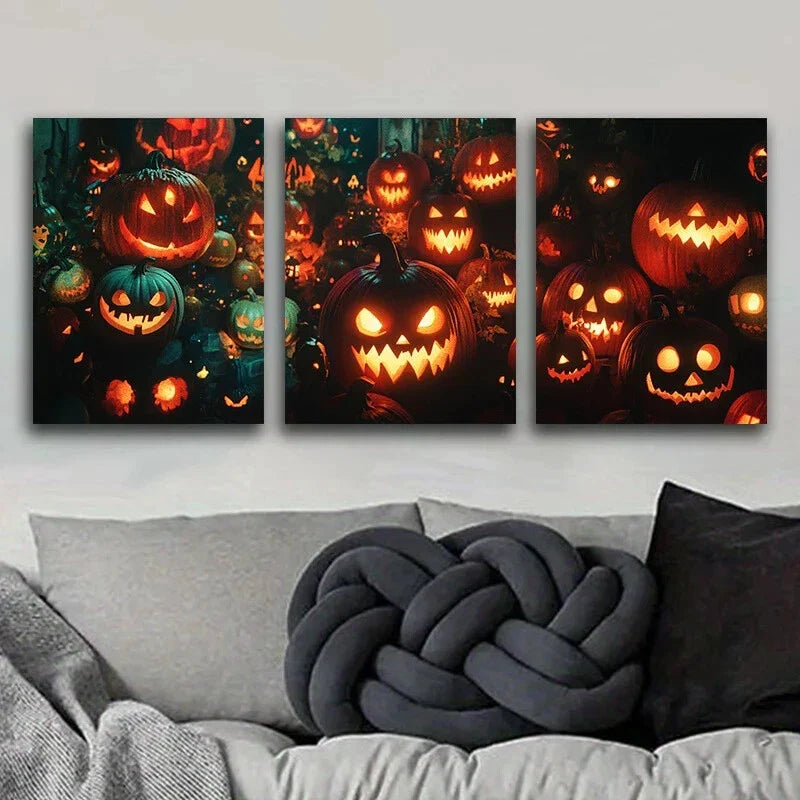 3pcs Pumpkin Faces Design Luxurious Metal Print Ready to Hang Art