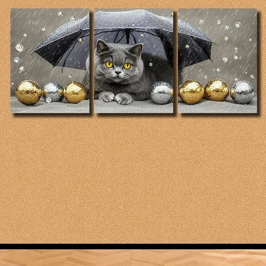 3pcs Charming Grey Cat Under Rain Wall Art Set Canvas Framed 40x60cm - High Quality Print 100% Australian Made Wall Canvas Ready to Hang